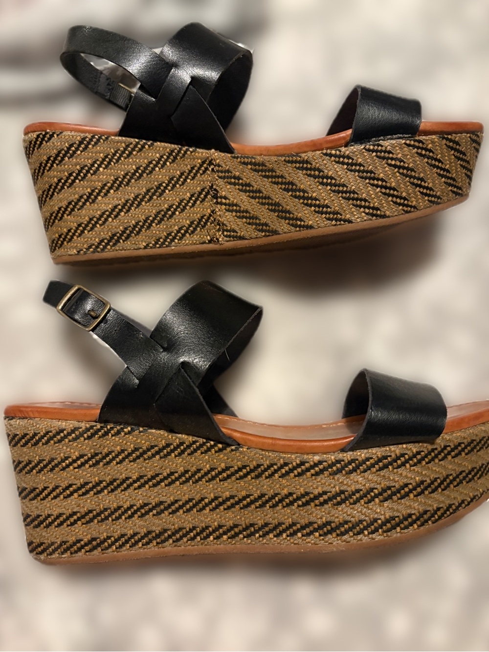 Shimmer Black and Brown Leather Strap Wedge Sandals - Casual Summer Platform